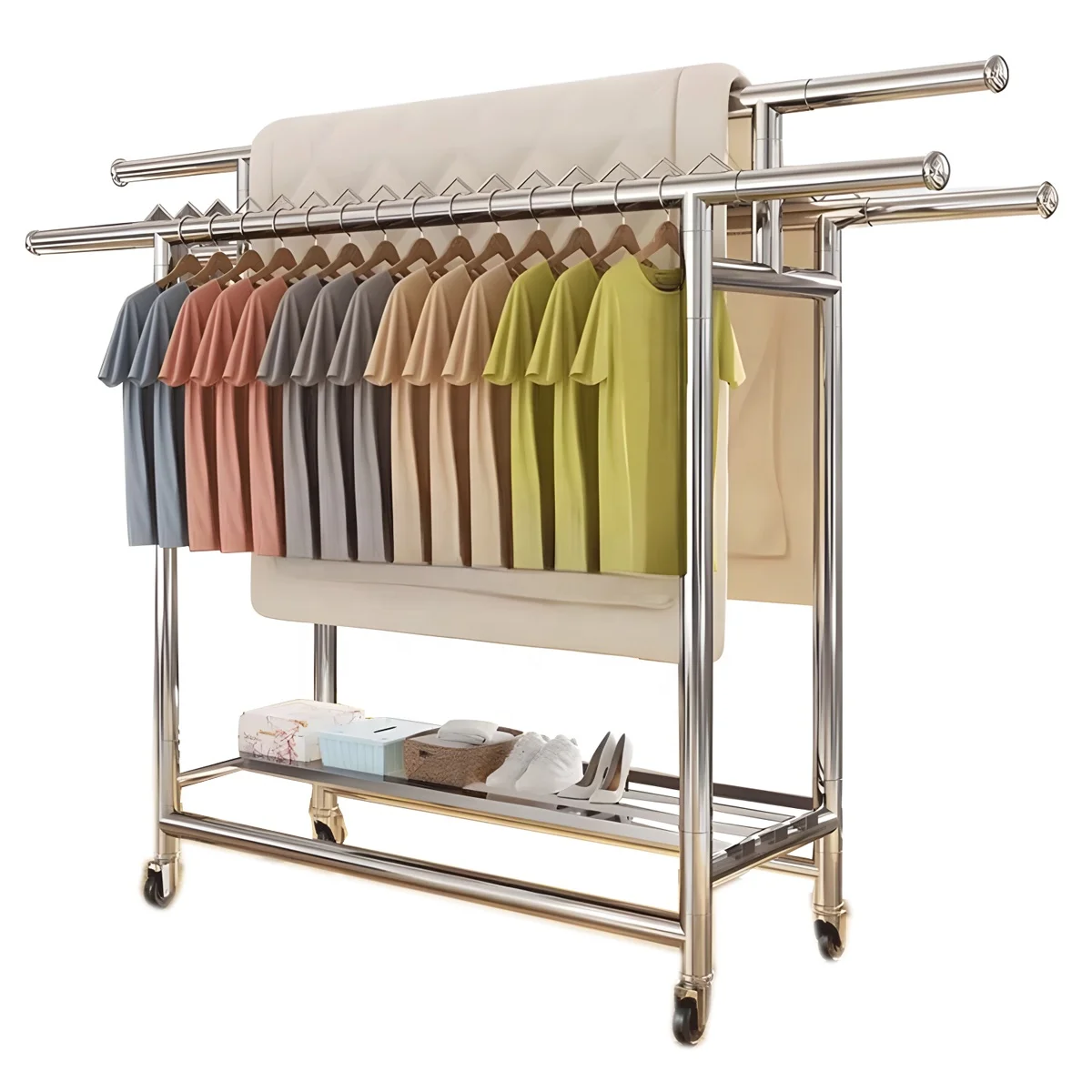 Wholesale karisin Coat Rack stainless Steel Clothes Garment Rack Adjustable foldable pipe Clothing towel rack With Shelf