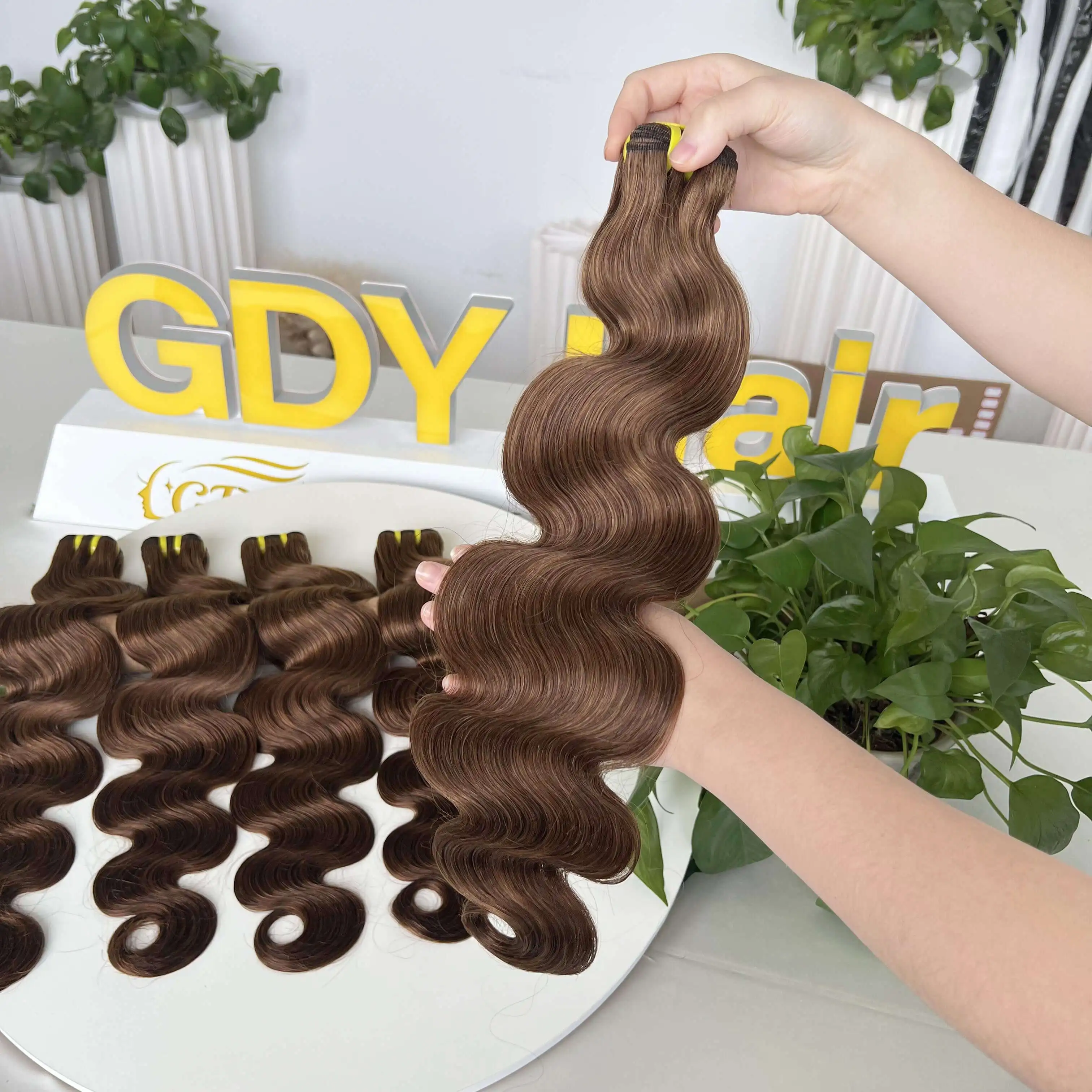 GDY Extensions Human Hair Weave Vendors Indian Wavy Hair #4 Chocolate Brown Bouncy Body Wave Bundles