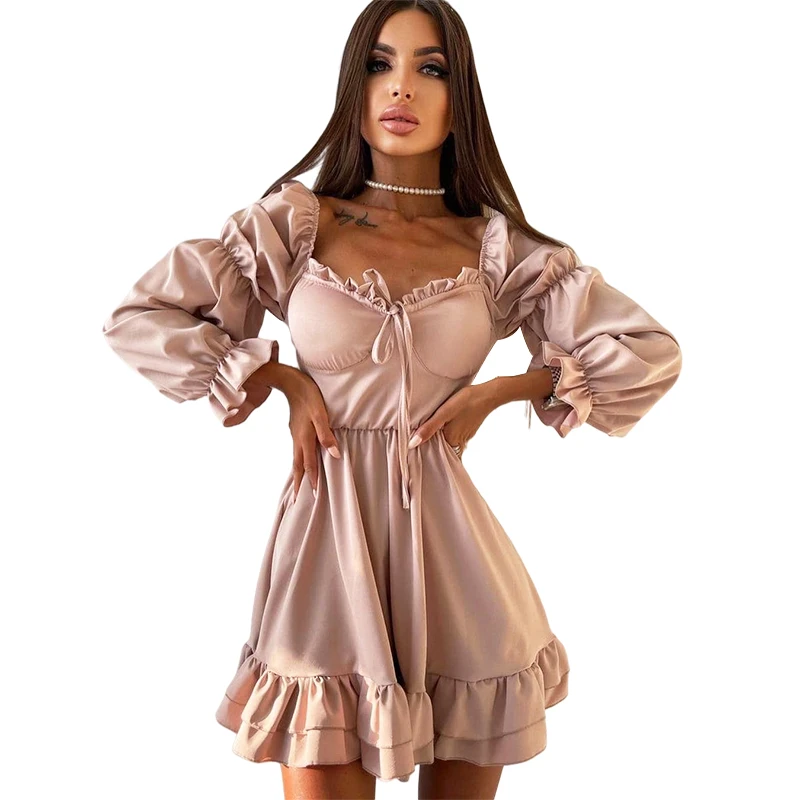 spring solid long mini women summer bodycon satin off shoulder dress ruffles sleave casual dresses women