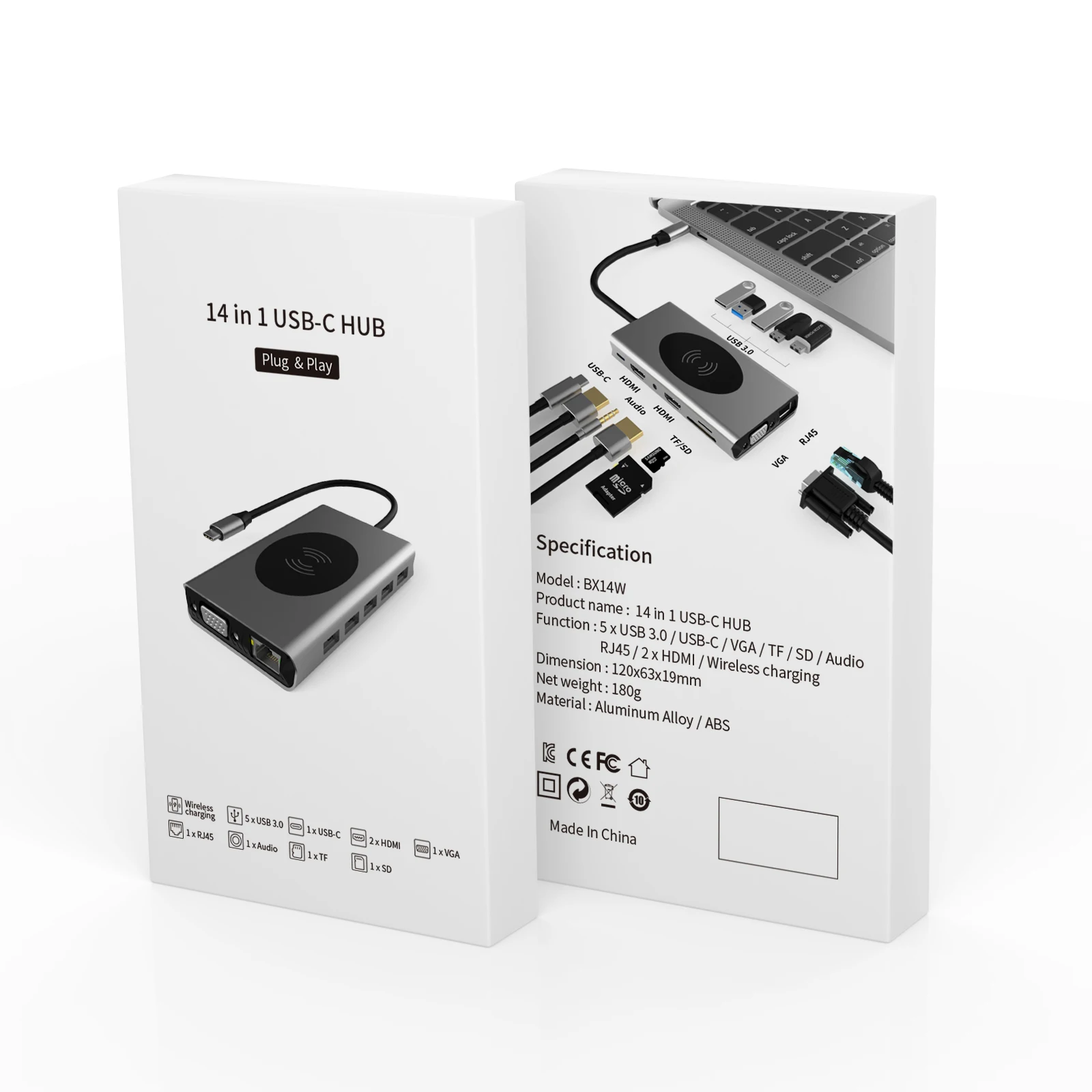 HUB BASIX 14 in 1 usb hub wireless charger type c to HD-MI*2 VGA USB3.0*5 SD TF RJ45 PD AUDIO3.5 10W