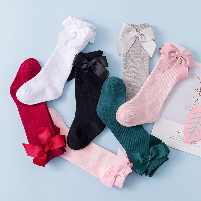 
Sweet Solid Color Bow Cotton Long Knee High Baby Kids Stocking Socks 