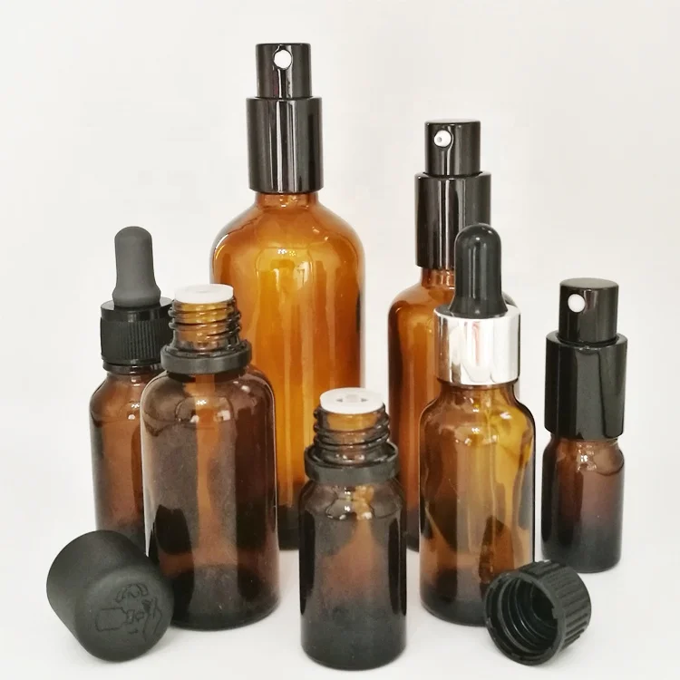 Amber  glass bottle for Essential Oil perfume oil bottle with black round screw tamper evident cap