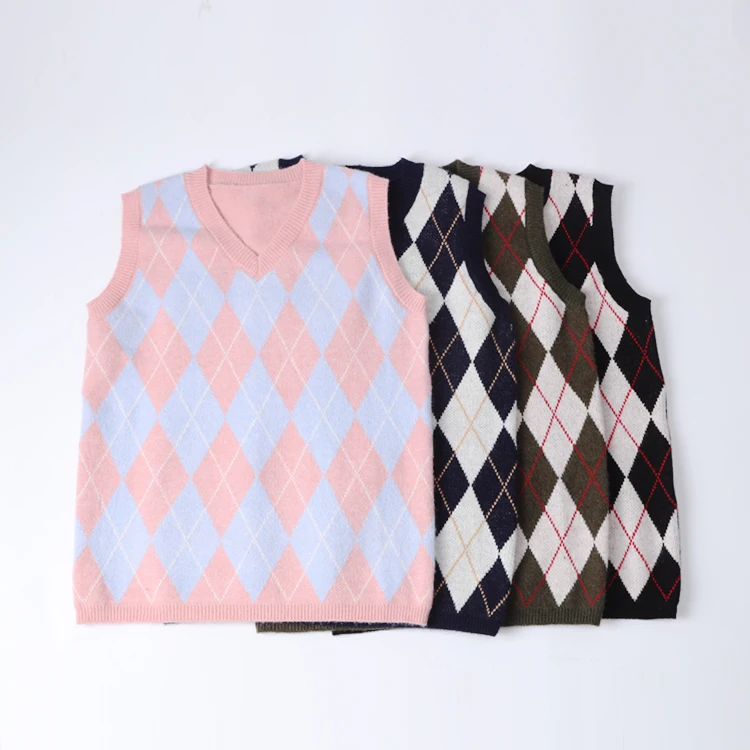 Оптовая продажа по индивидуальному заказу, клетчатый вязаный свитер, жилет, Женский вязаный свитер свободного кроя в студенческом стиле с V-образным вырезом, школьный вискоза, полиэстер
