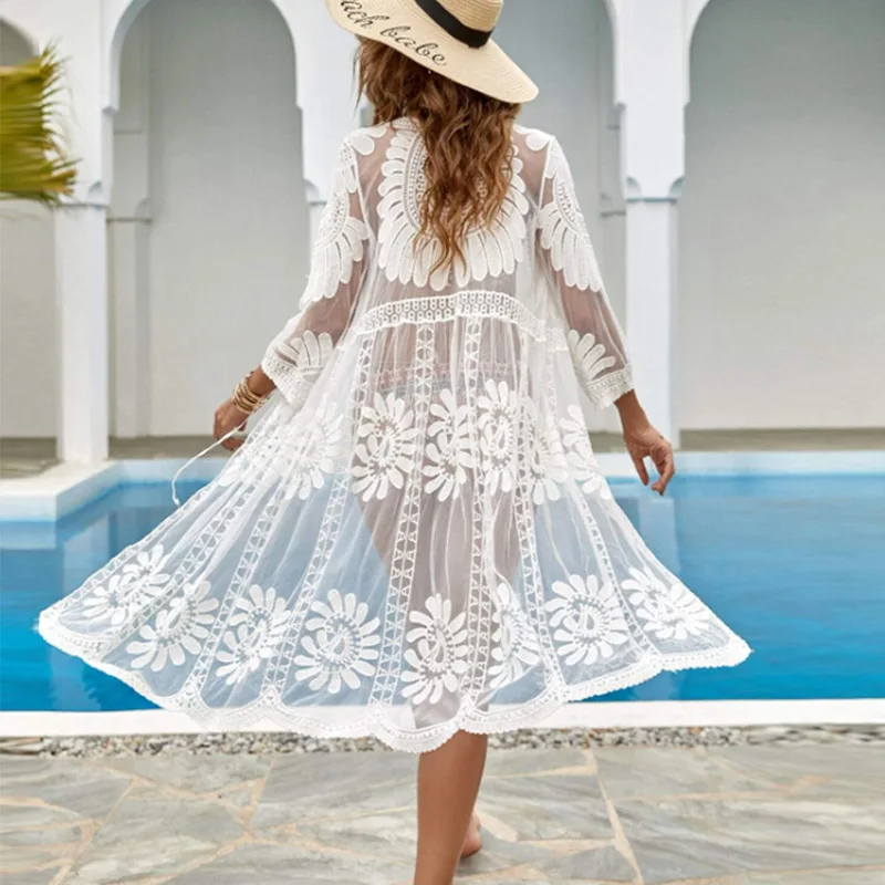 2024 Women Summer Lace Crochet Bikini Lady Cover Up Kimono Cardigan Swimwear Kaftan Bathing Suit Vacation Beach Cover Up OEM