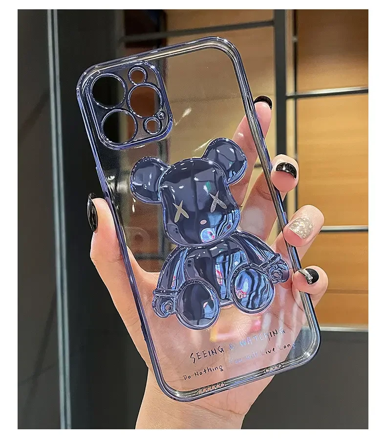 Hot Sale Electroplated 3d Bear Transparent Tpu Phone Case For Iphone 11 12 13 14 15 Plus/Pro/Pro Max