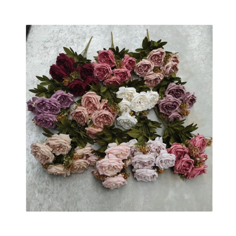 
SMS015 vivid lifellike artificial open shape rose peony flower bouquet silk rose bulk bunch 
