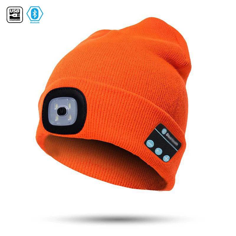 2021 LED Wireless BT Beanie Hats Winter Head Warmer With Lamp Rechargeable Music Orange Brown Beanie Winter Hats Accessories