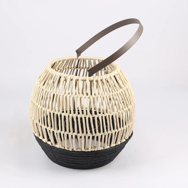 Hot Selling Home Deco Vintage Rustic Handmade Paper Rope Weaving Storm Lantern Iron Frame Candle