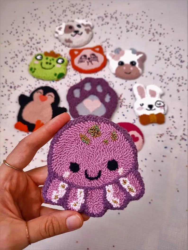 small size custom cute cat cow embroidery animal pattern punch needle tufting coasters mug rugs