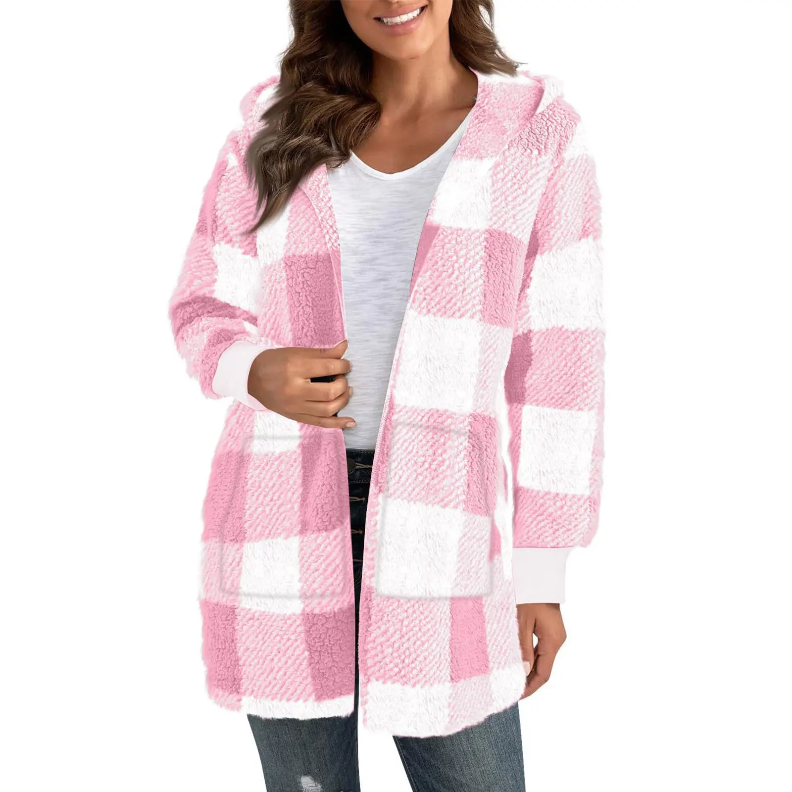 New cross border hooded plaid fleece coat for autumn and winter