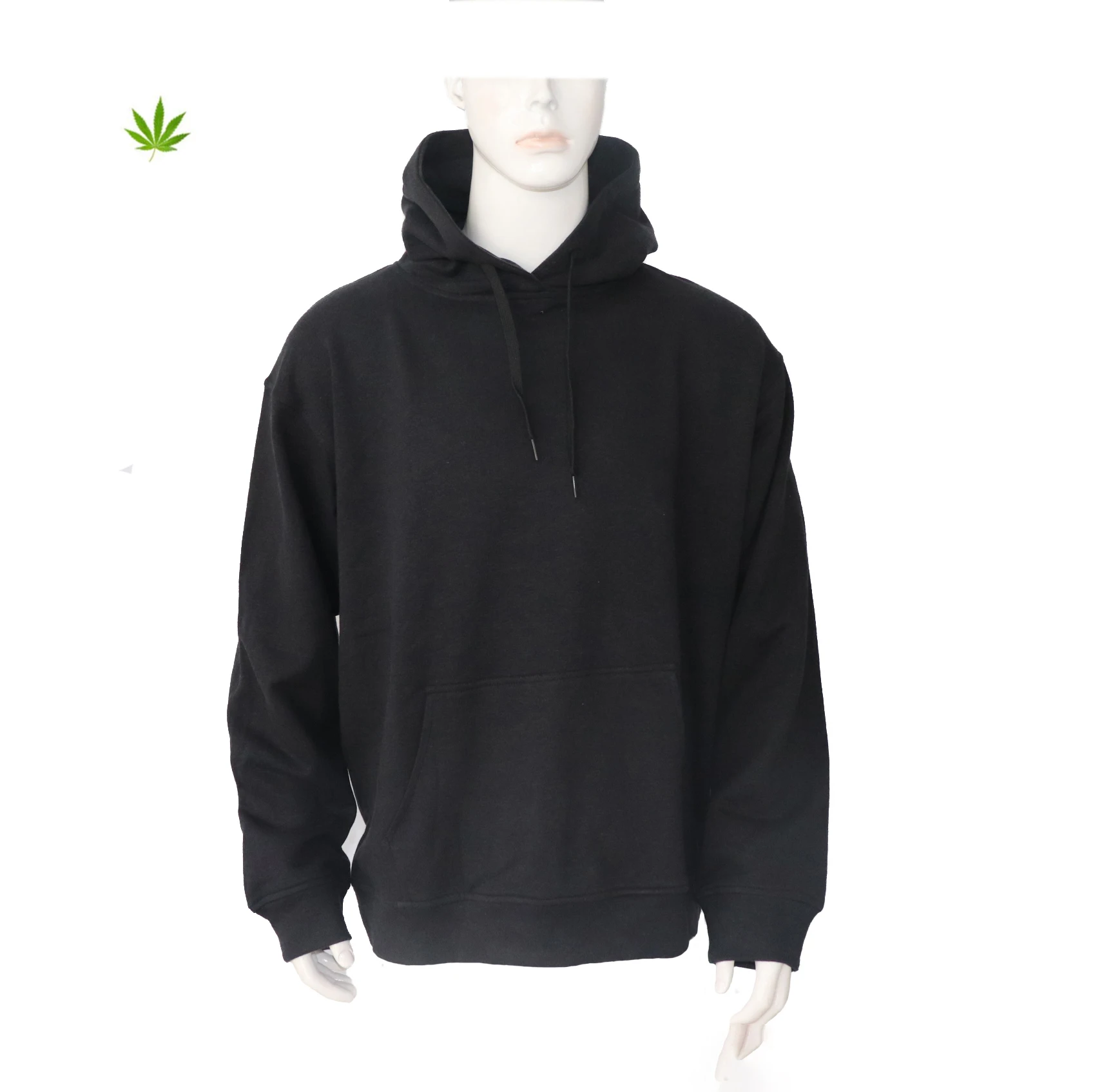Custom Men Solid Black Loose Hoodie 55%hemp 45%Organic Cotton Long Sleeve Thickened Pullover With Pocket
