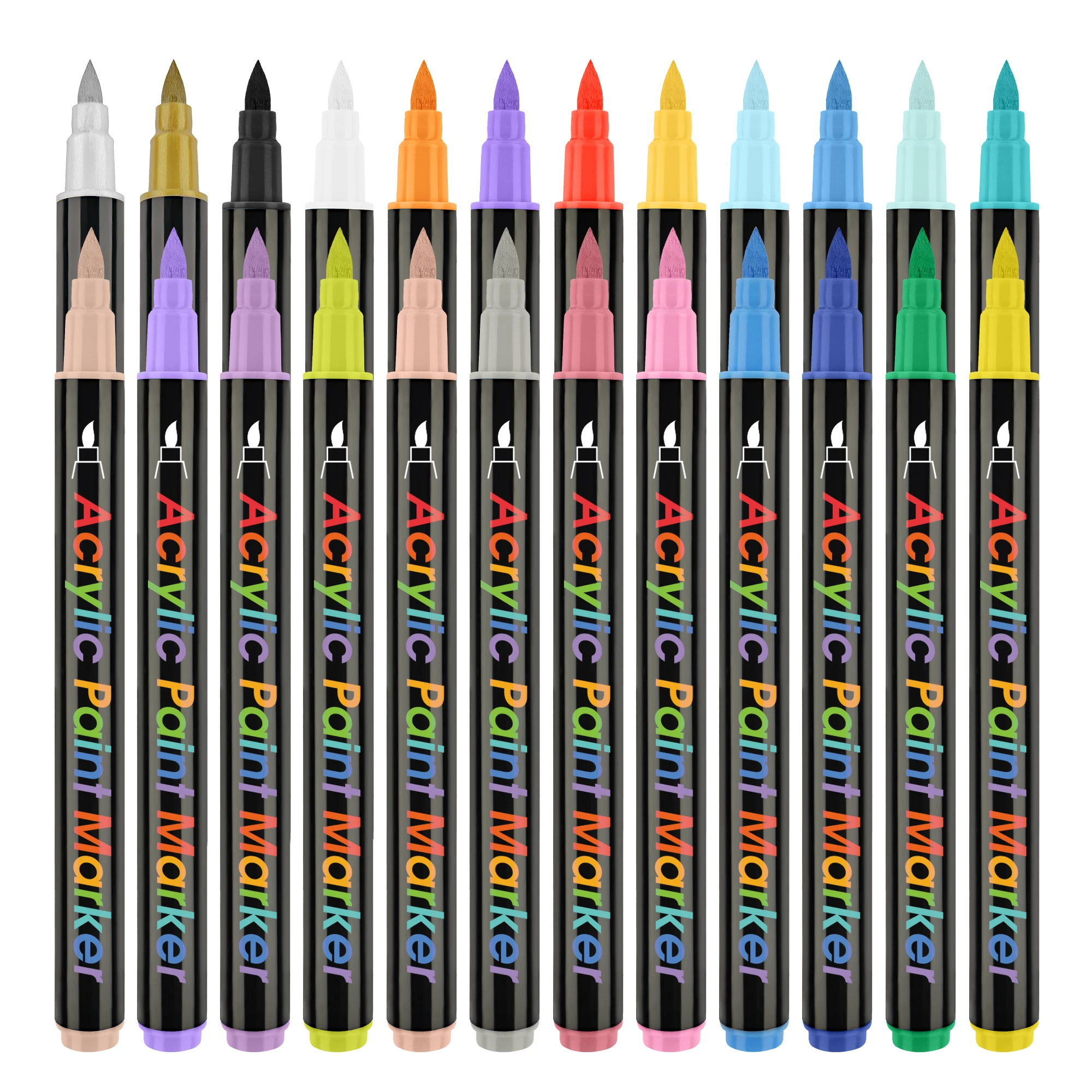 24 Classic Metallic Color Acrylic Paint Pens Double Pack Flexible Brush Tip Water-Based Markers Creative Painting Rocks Ceramic