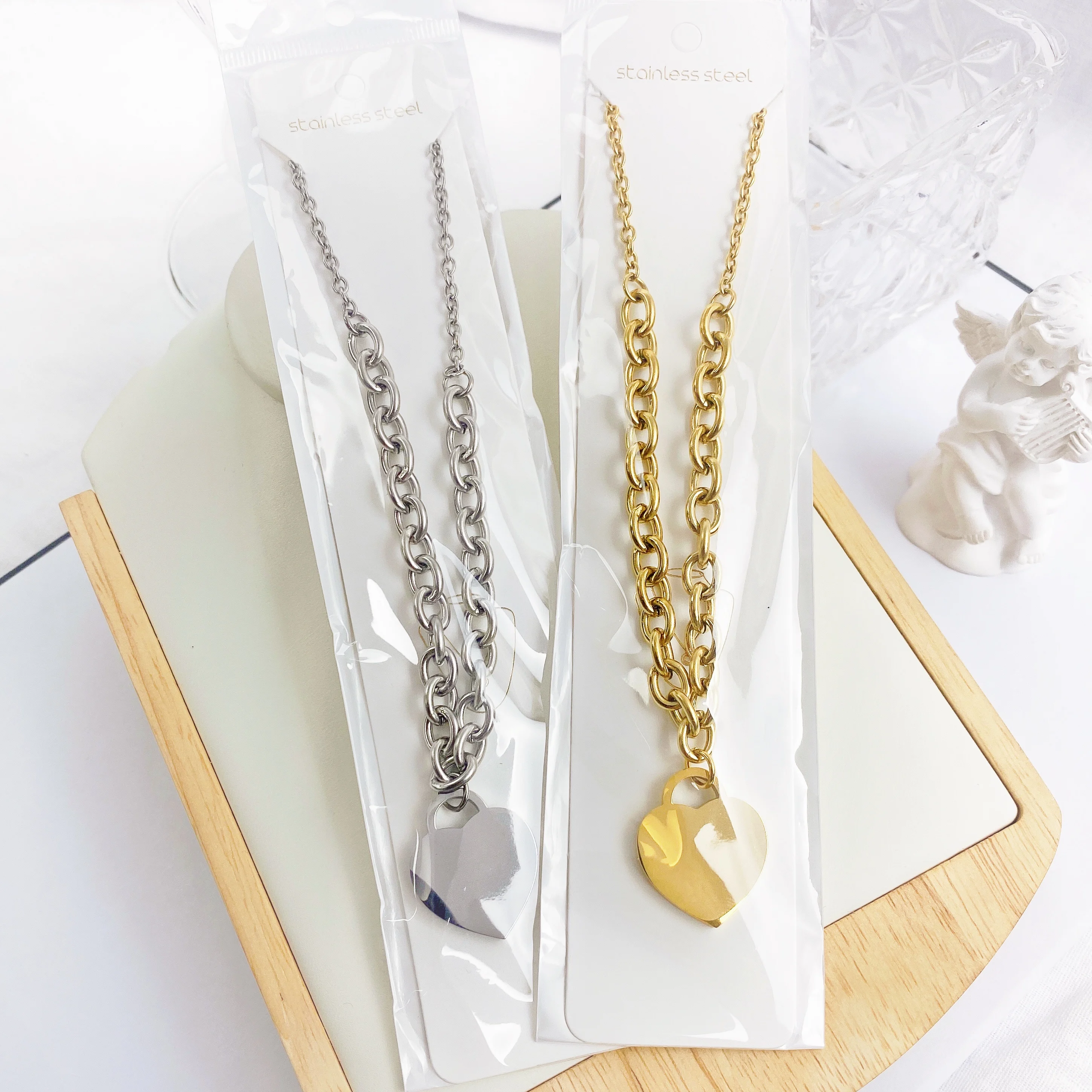 Surgical Steel Heart Pendant Necklace Lady Long Compound Chain Layer 18K Gold Necklace Jewelry Gift