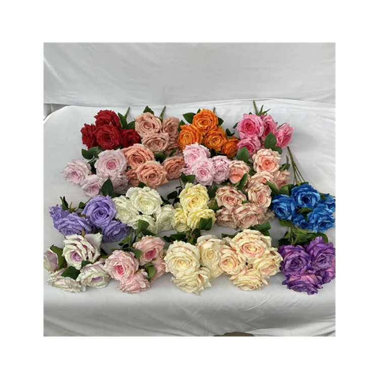 Factory Direct Sales Manufacture Good Quality Ground Cloth 5-head Thailand Queen Rose  Artificial Flower Red Roses