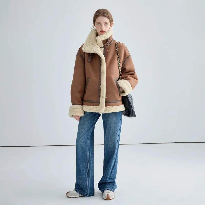 Vega Chang 2025 Winter New Motorcycle Style Imitation Fur One Short Coat   Thick Plush Coat