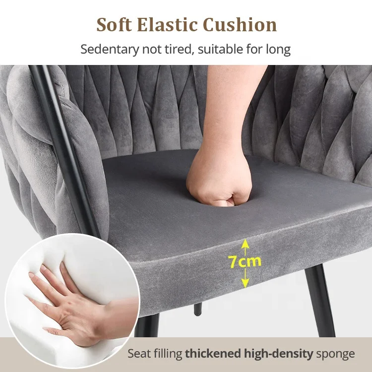 Factory Wholesale Morden luxury Gray Home soft cushioned backrest fabric armchair Velvet Dining room chair with metal legs