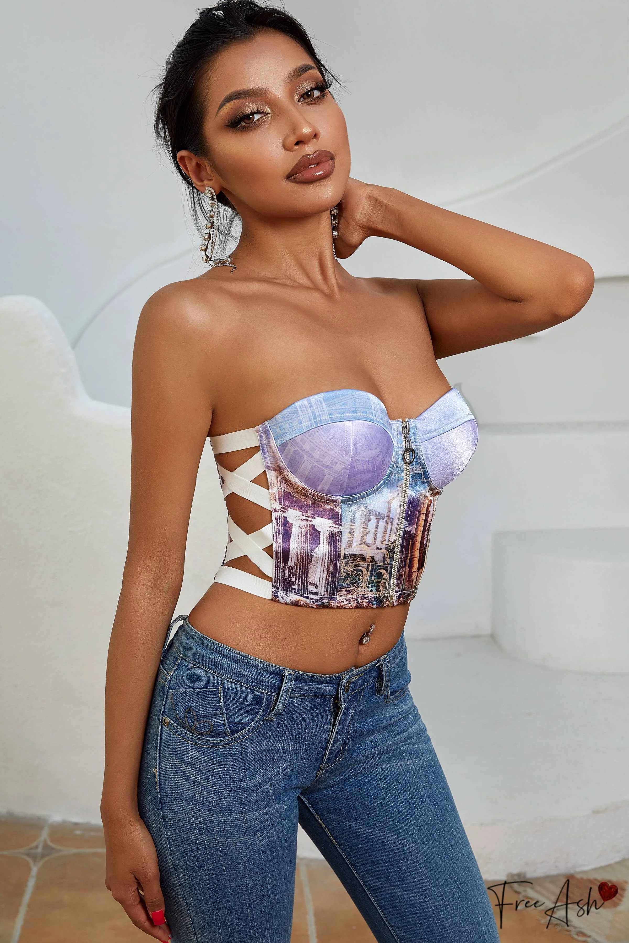 2022 Hot Sale Parthenon Print Corset Top Thick Satin Slim Fit Underwire Bra top Crisscross Side Rubber Zip Front Women Top