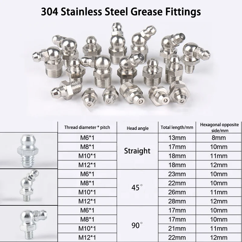 Nipple grease fitting M6 M10 stainless steel 1/8 hydraulic grease fitting grease nipple fittings 45 90 straight manufacturer