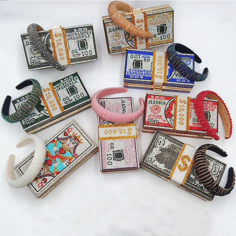 Fashion plush rhinestone headband match bling money purse 2023 rhinestone money bags with headband sets purse for women