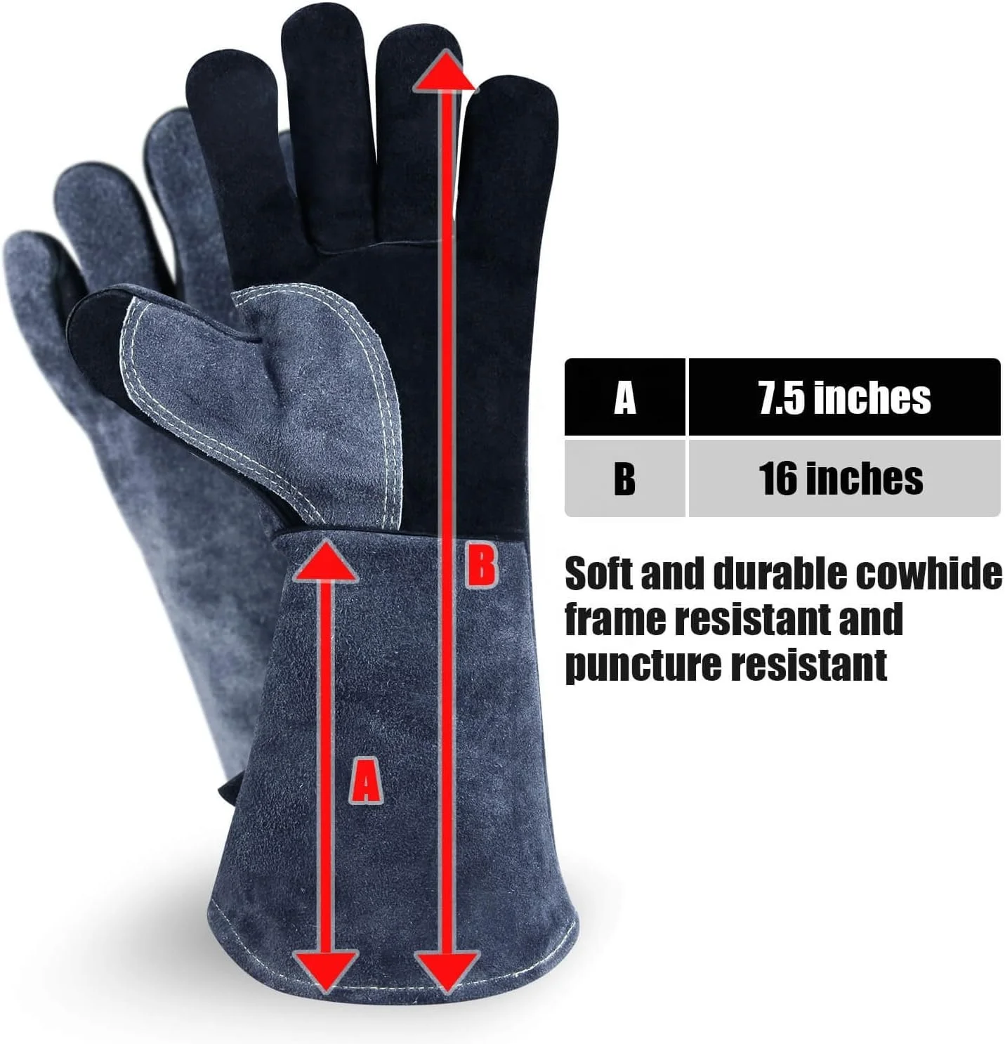 Factory Sale Long Pattern Cow Skin Leather Safety Hand Heat Resistant Welding BBQ Gloves