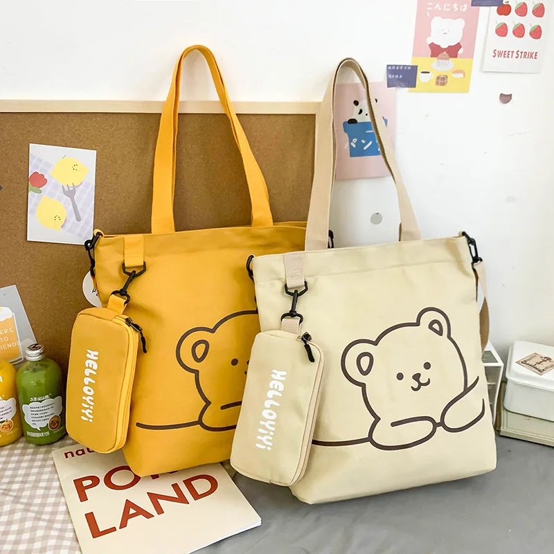 New Style School Book Canvas Cotton Shoulder Bag Cute Bear Student Canvas Tote Bags for Girls College with Small Zipper Pouch