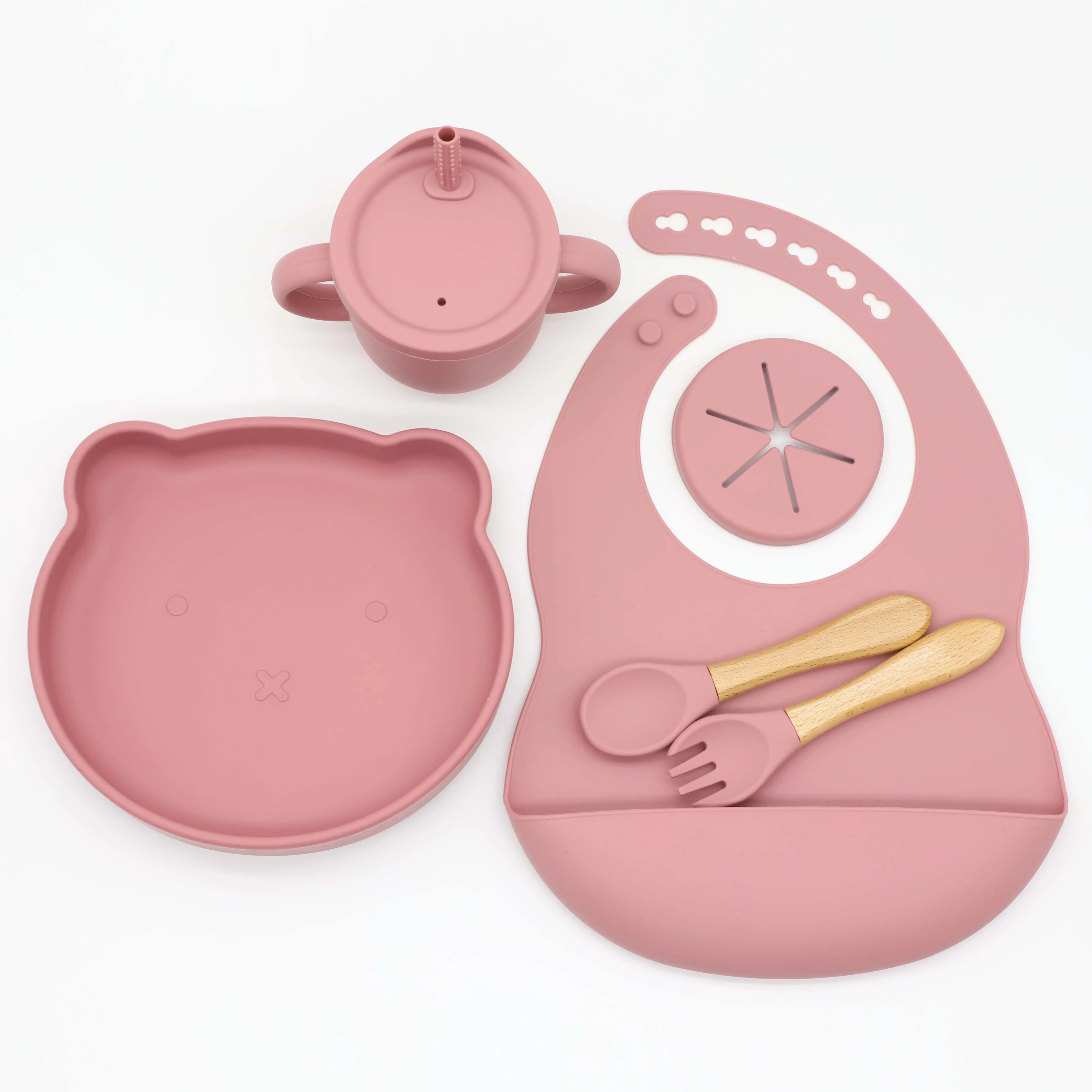 Amazon Tableware non toxic Baby bib suction bear plate spoon fork and silicone 2-in-1 snack  sippy cup non spill feeding set