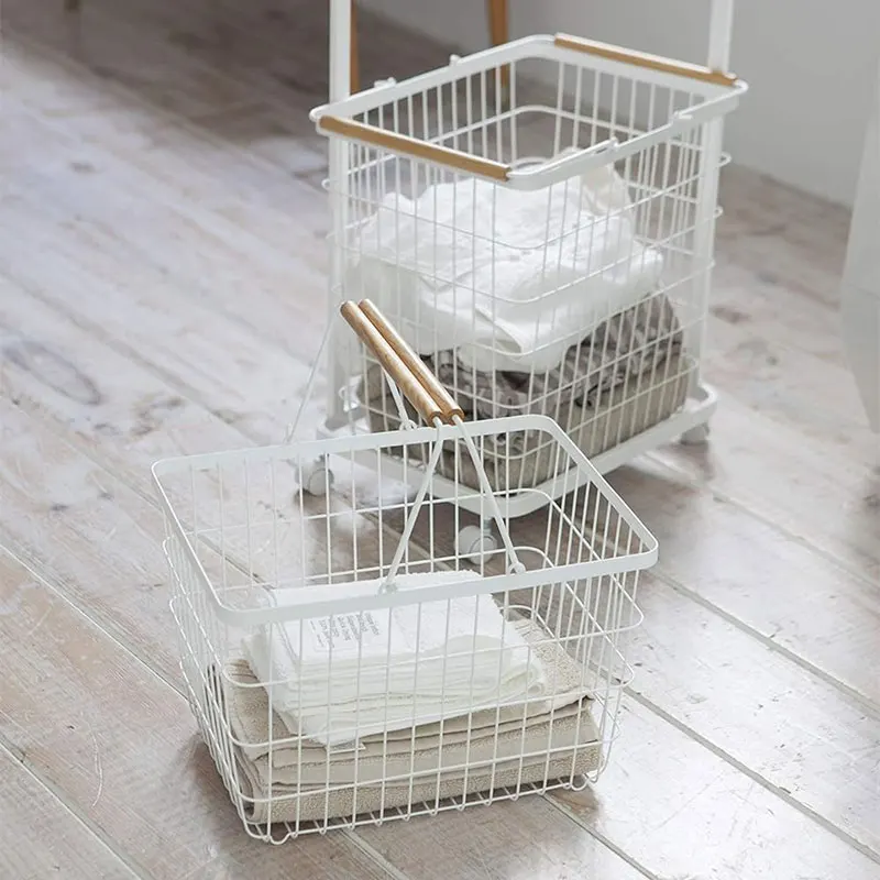 new home 2 tier Wooden handle Dirty clothes basket With wheels Metal wire Frame Laundry Storage cart bathroom organization rack