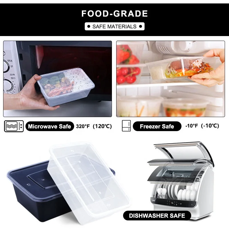 500ml-1000ml Clear Black white Rectangular Disposable PP Food Box Take Away Microwaveable Plastic Food Containers