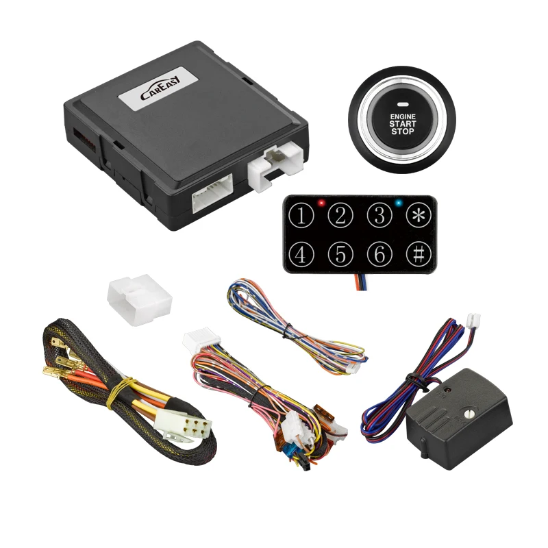 Auto rearming Car alarm push button engine start stop system with selectable push to start/remote start engine crank time