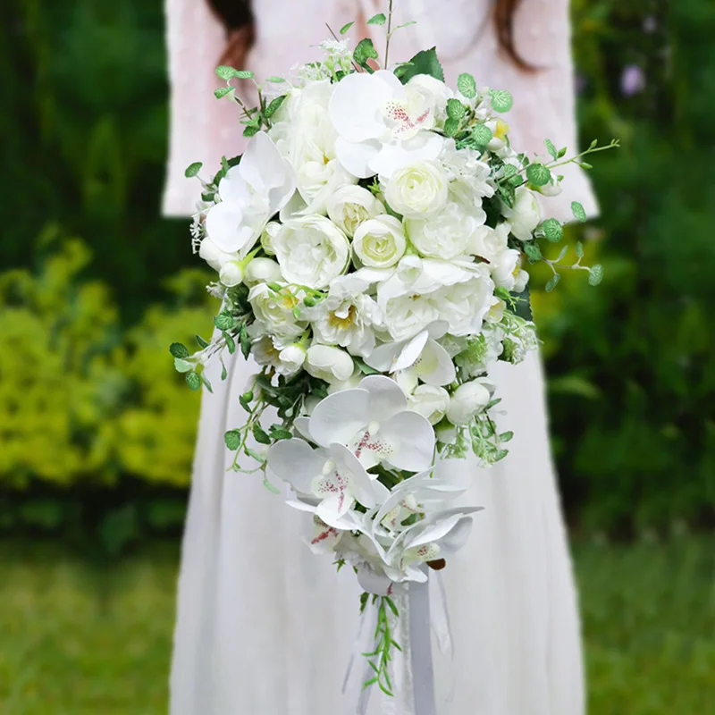 Bridal Bouquet White Artificial Rose and Orchid Wedding Bouquet