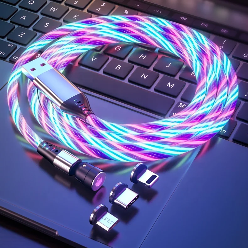 540 Degree Magnetic 3 in 1 Fast Charging USB Cable Flowing Light Led Luminous Type C Micro Lighting Data Cables