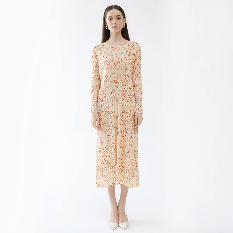 Factory Customized Spring New Korean Design Floral Pleated Long-sleeved Casual Small Fresh Fashion Elegant Dress Women