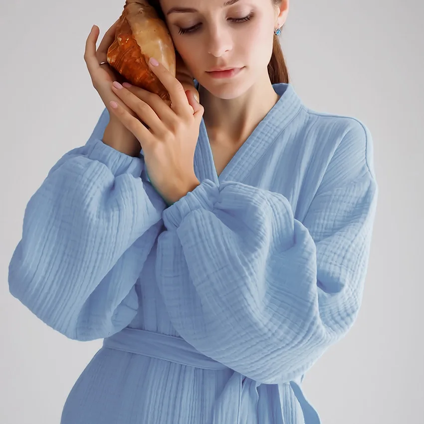 High Quality Double-Layer crepe Custom organic cotton muslin 4 Layer lady gown Breathable Women Bathrobe Luxury SPA