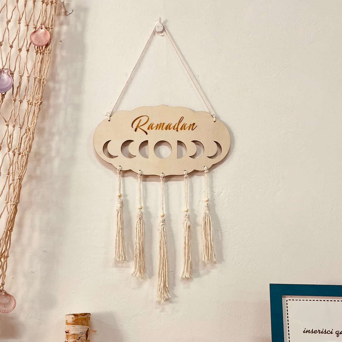 Macrame Wall Decoration Home Decor Wooden Ramadan Decorations for Wall Hanging Boho Ornament with Cotton Rope Tassel