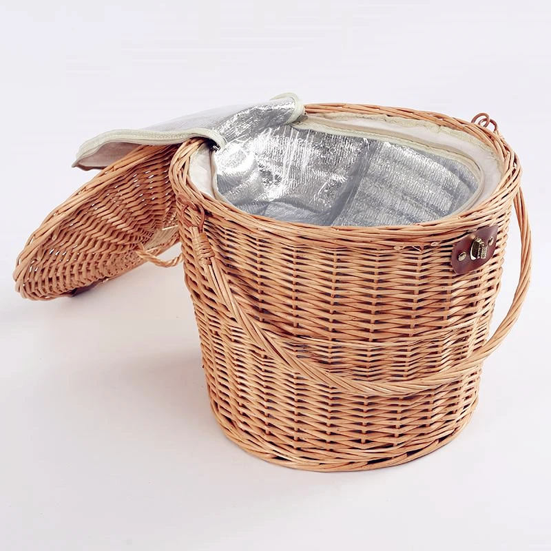 Large Round Folding Wicker Picnic Basket With Handle And Lid