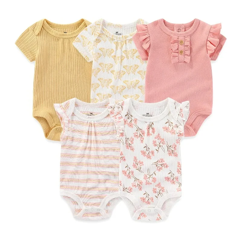 Wholesale INS 100% Cotton 5-Piece Bodysuits Short Set Best Custom Design Baby Girl Clothes