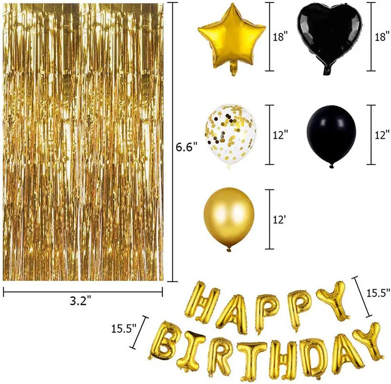 Wholesale black and gold globo Birthday banner Aluminum foil balloons Fringe curtains Boys Girls Adult party decoration balloons