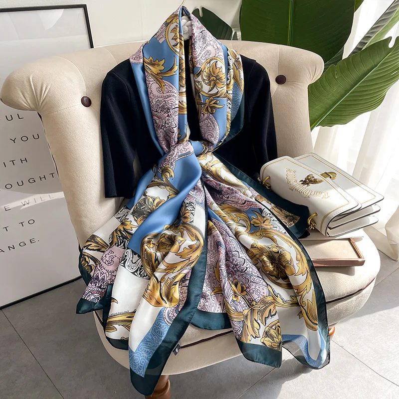 2022 Silk Scarf Women New Flower Pattern Fashion Shawl Long Spring And Autumn Scarves Dual-Purpose Wraps Female Outside Decorate