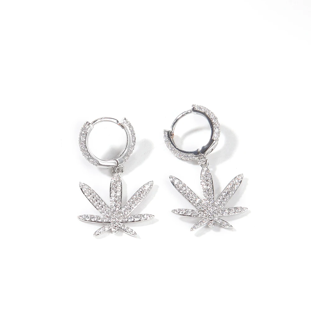 Hip hop Fashion Fine Jewelry Unisex Paved CZ Iced out Maple Leaf Dangle Hoop Earrings Stud Punk Hoop Earrings For Gift