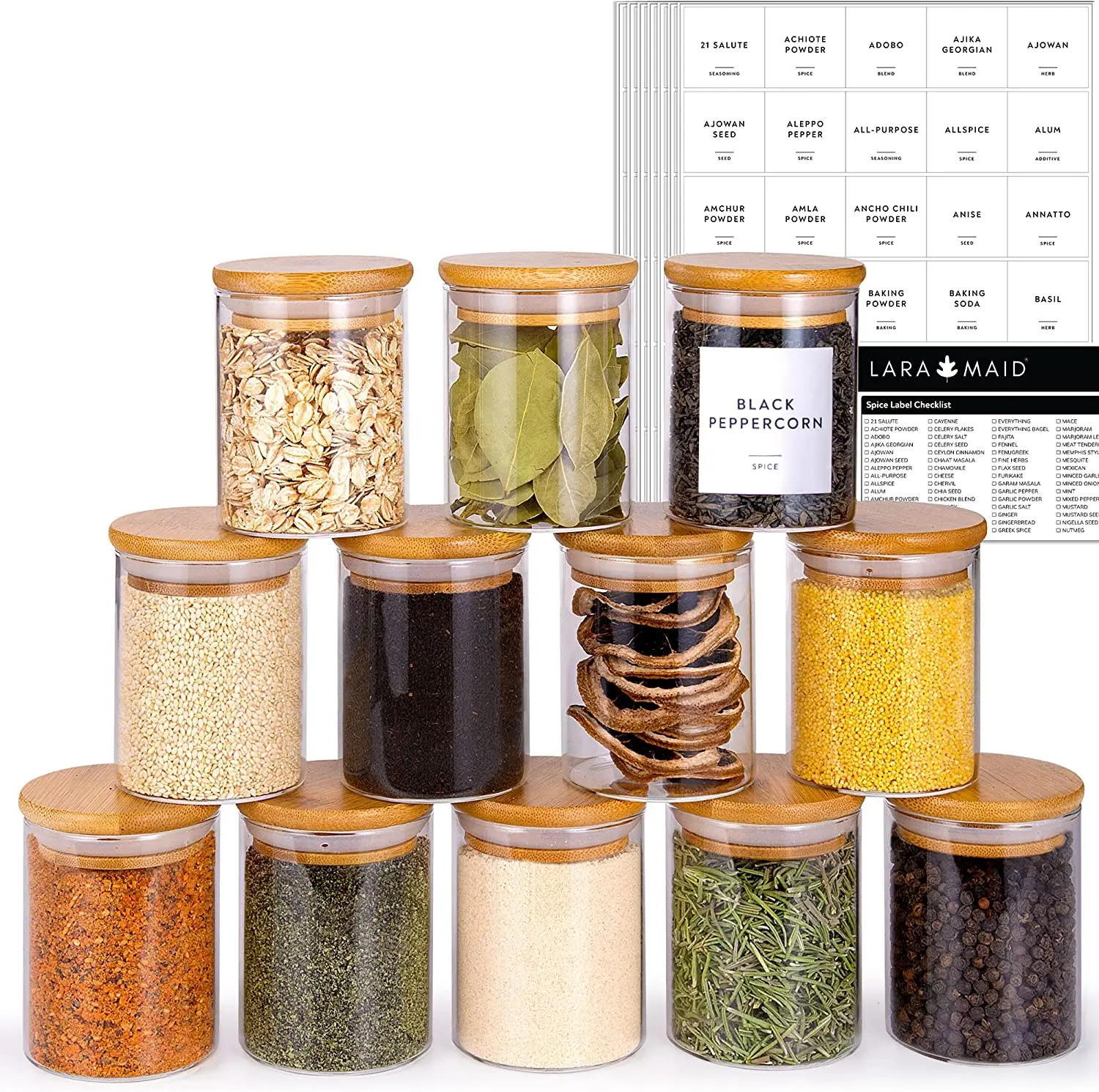 JH 12pcs Set High Airtight Kitchen Food Storage Container Glass Spice Jar Spices Containers with Bamboo Lid
