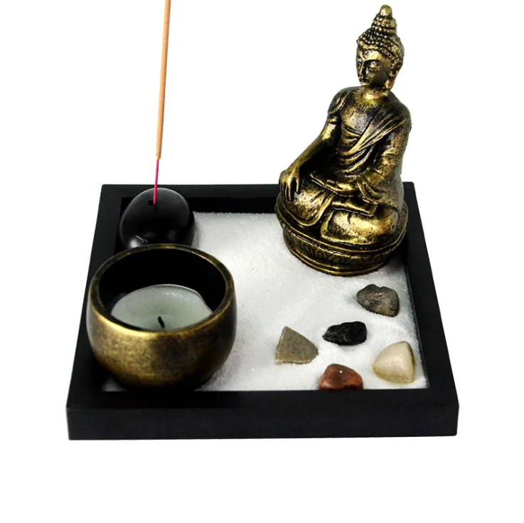 Zen Garden Buddha Statue Incense Burner Holder with Rock Sand Tealight Candle Holder