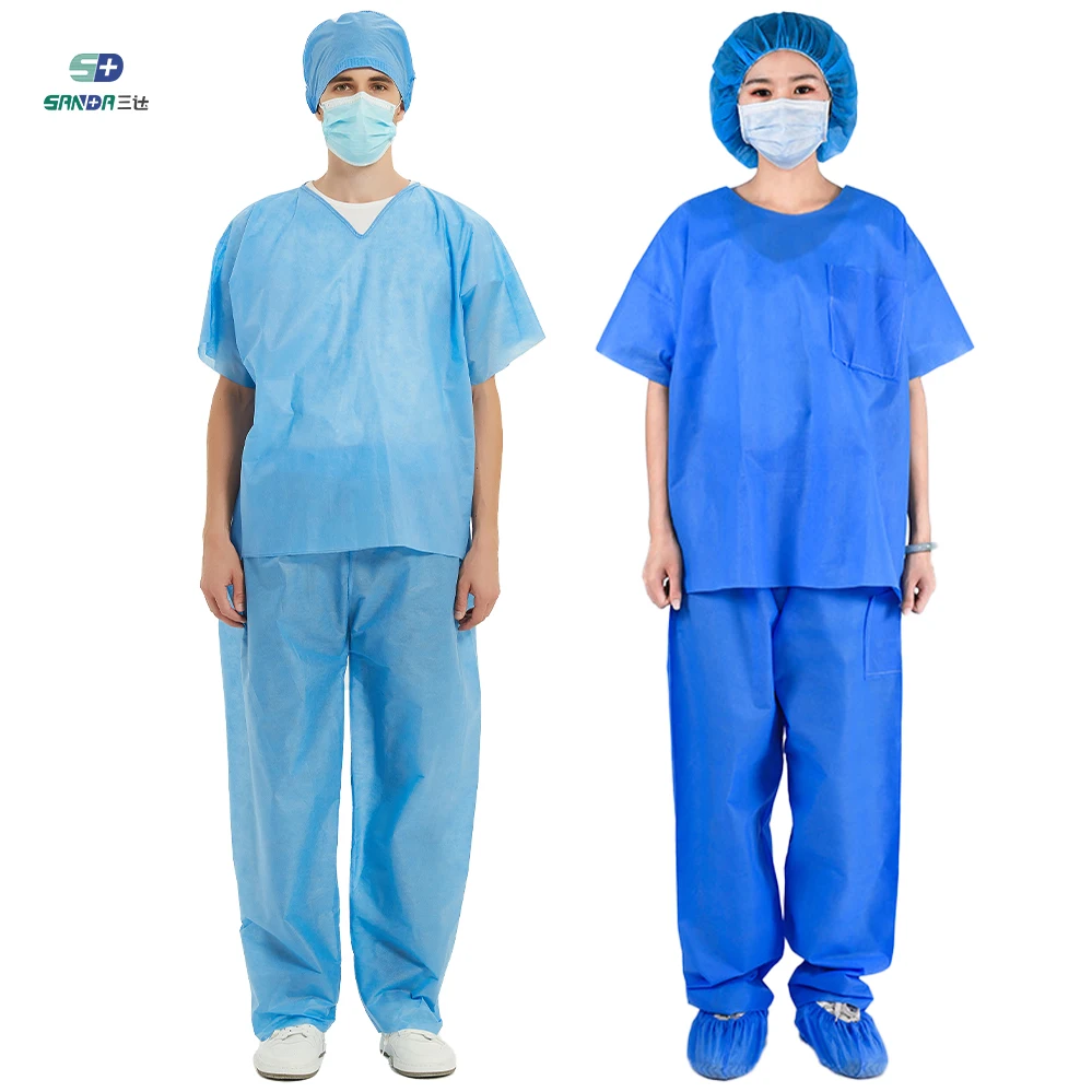 High quality blue waterproof breathable non woven v-neck women uniforms hospital surgical scrub suit nursing
