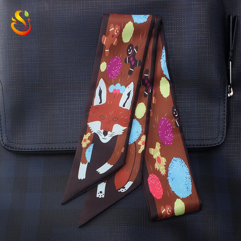 
European and American animal printed polyester silk twill scarves narrow binding bag handle small silk scarf wholesale 