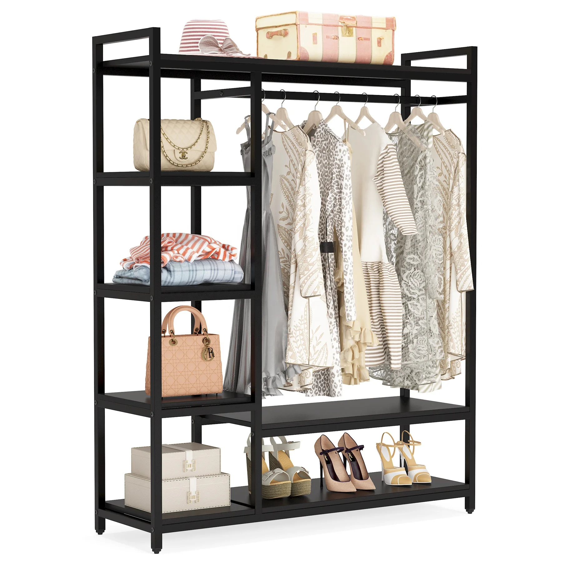 Tribesigns Wooden Black Wardrobe Metal Frame Garment Clothing Rack with Shelves and Hanging Rod for Home