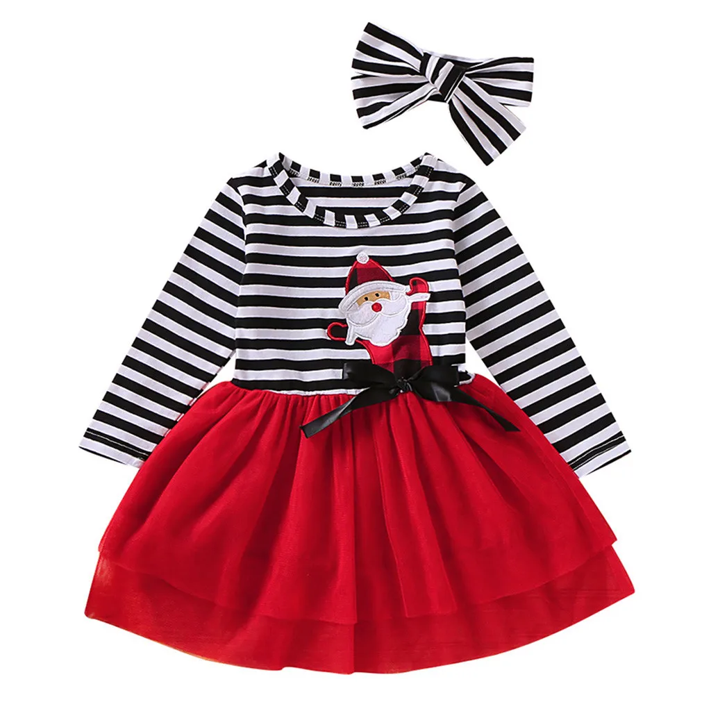 
Toddler Baby Girls Christmas Santa Striped Print Tulle Dress Headband Outfits Princess Party Dress Infantil Children Kids Suit 