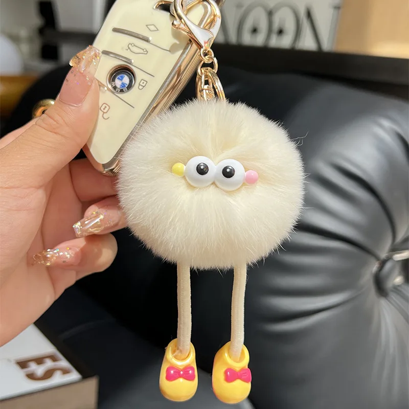 Plush Long Leg Small Coal Ball Keychain Cute Black Grey Pink rabbit Fur Pendant Creative Bag Car Metal Keyring Girl Lover Gift