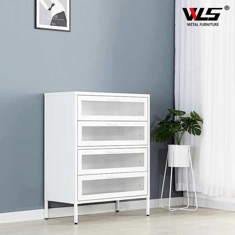 2023 Hot Sale Metal Indoor Furniture Customized White Color Mesh Door 4 Chest Storage Cabinet Bedside Table