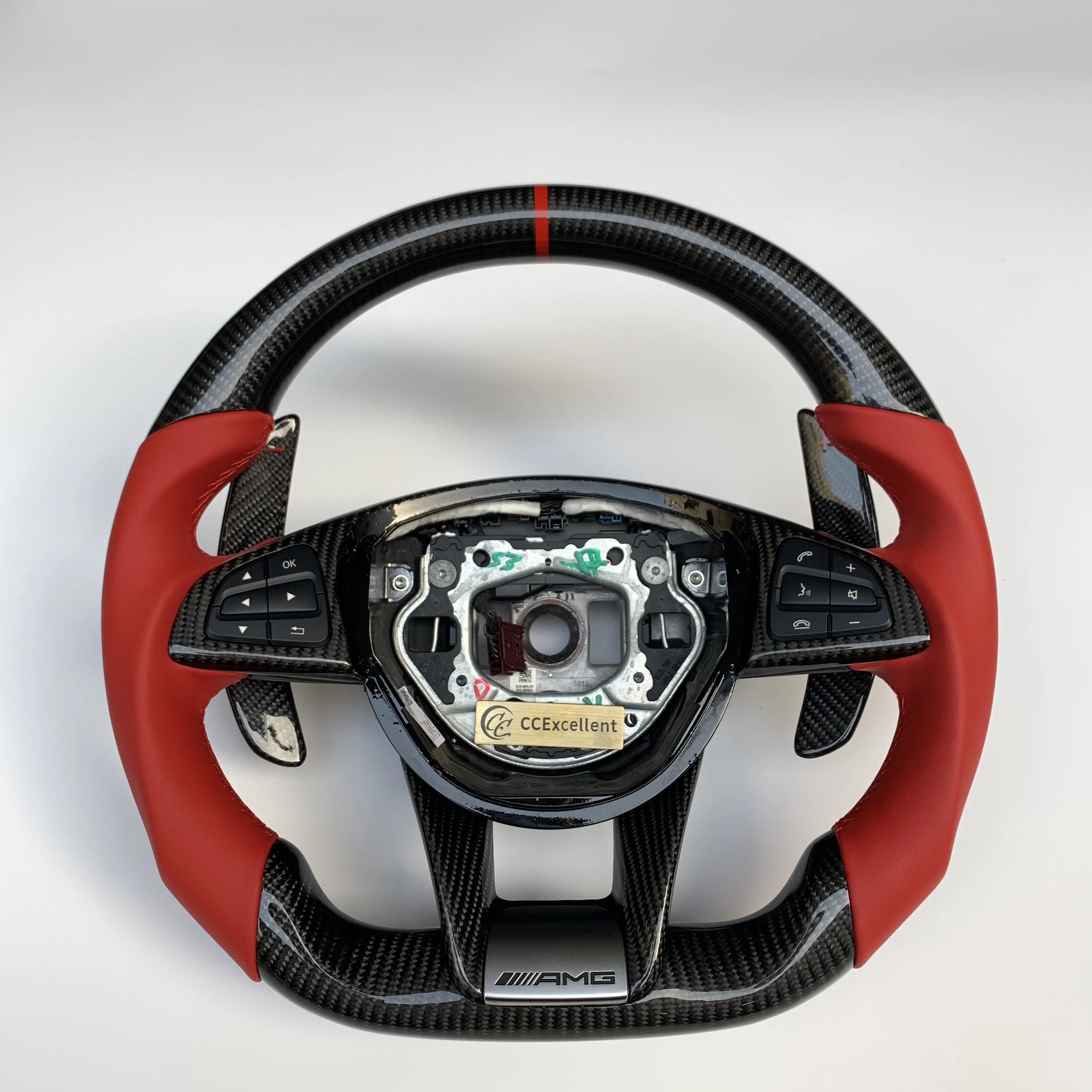 CCexcellent Hot selling factory price Benz real carbon fiber steering wheel for Benz W205 AMG with red smooth perforated