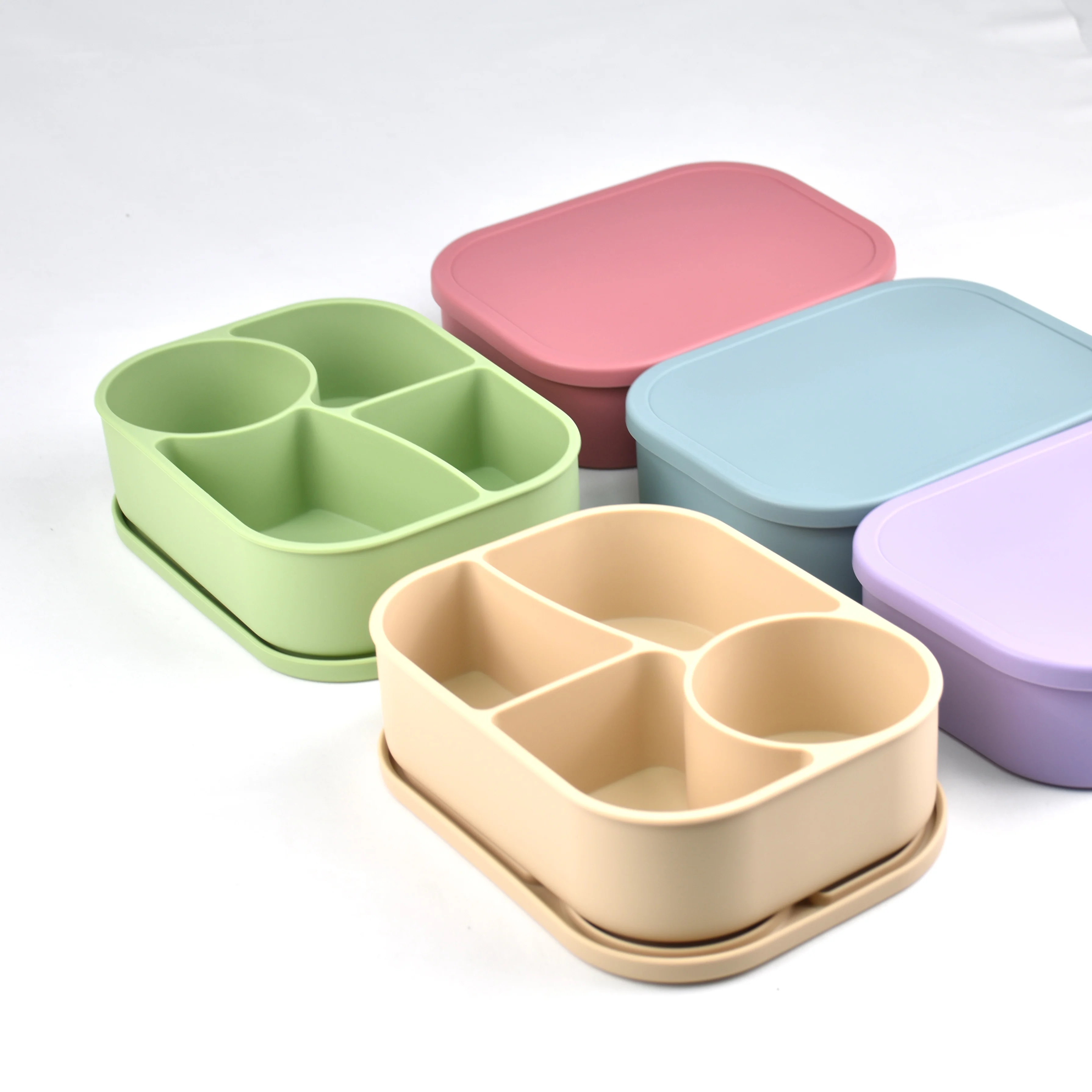 Durable LeakProof Silicone Bento Lunch Boxset 4 Compartment Food Grade Bento Box for Children Microwavable & Heatable