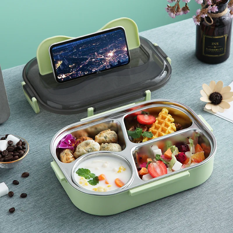 Student 304 Stainless Steel Lunch Box Grid Rectangular Belt Tableware Soup Bowl Office Lunch Box Can Be Heated with Water